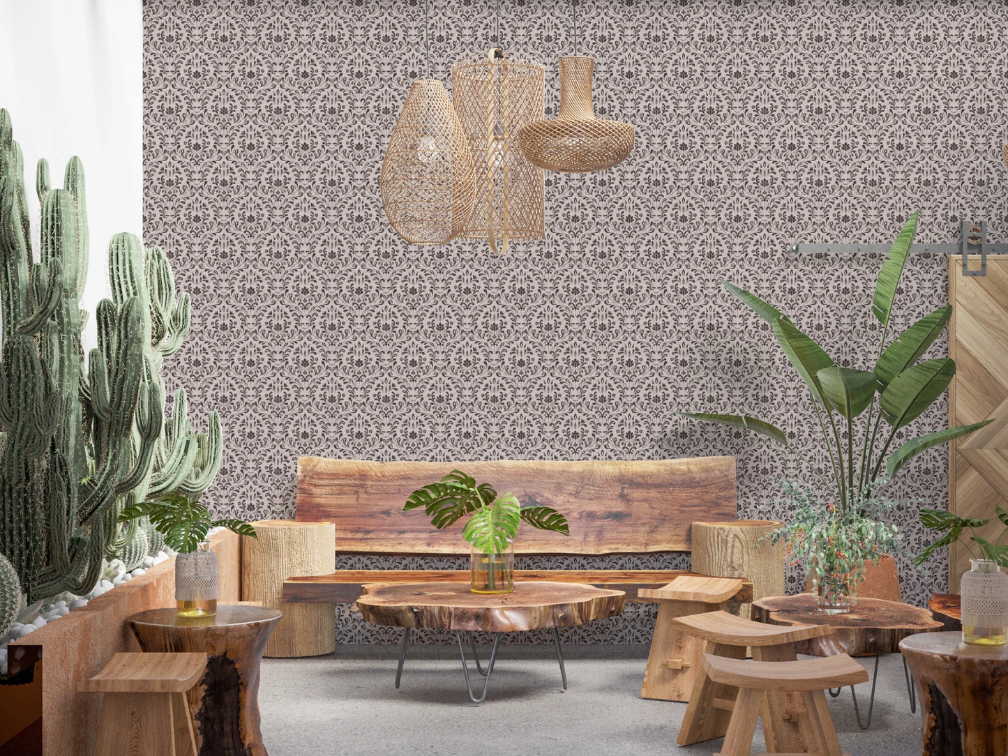 Rustic Damask Wallpaper featuring symmetrical botanical motifs