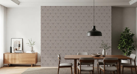 Rustic Damask Wallpaper with ornate brown floral patterns on beige