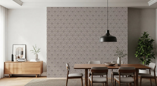 Rustic Damask Wallpaper with ornate brown floral patterns on beige, GD8363