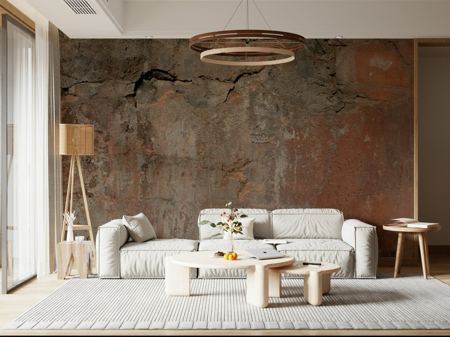 Close-up texture of the warm, variegated earth tone wallpaper.