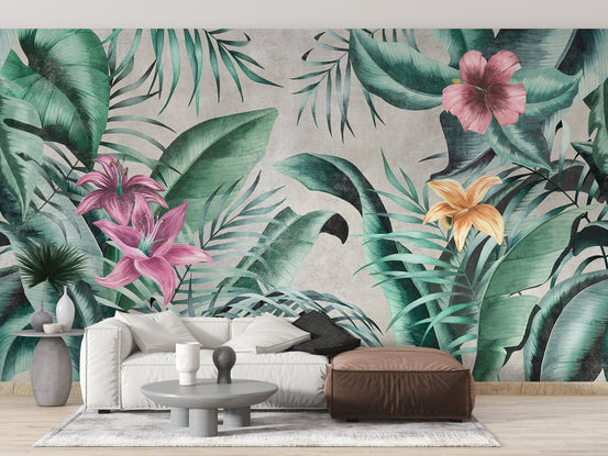 Rustic Floral Large Green Leaves Wallpaper Mural A297