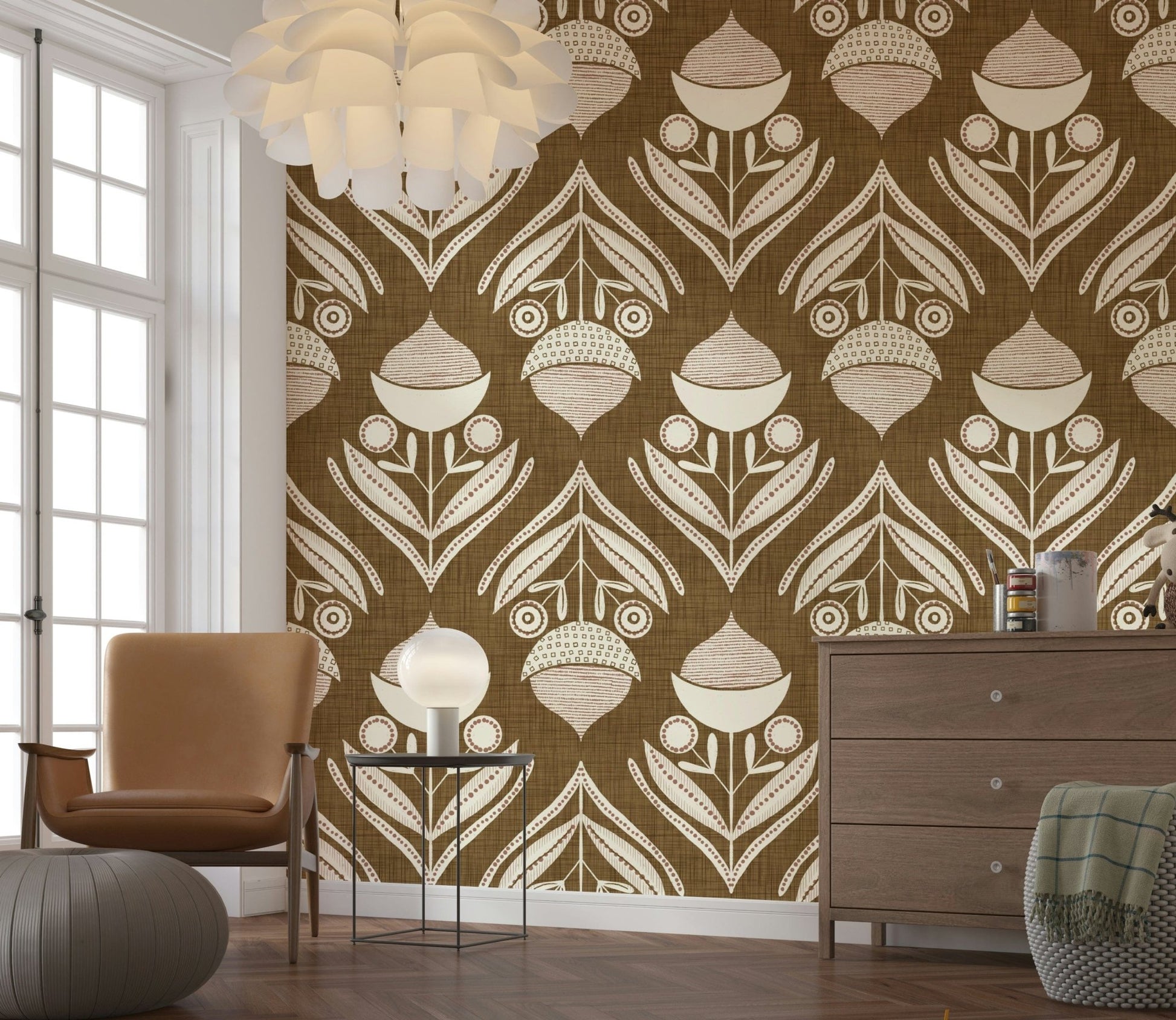 Tribal geometric bloom on the Rustic Floral Wallpaper.