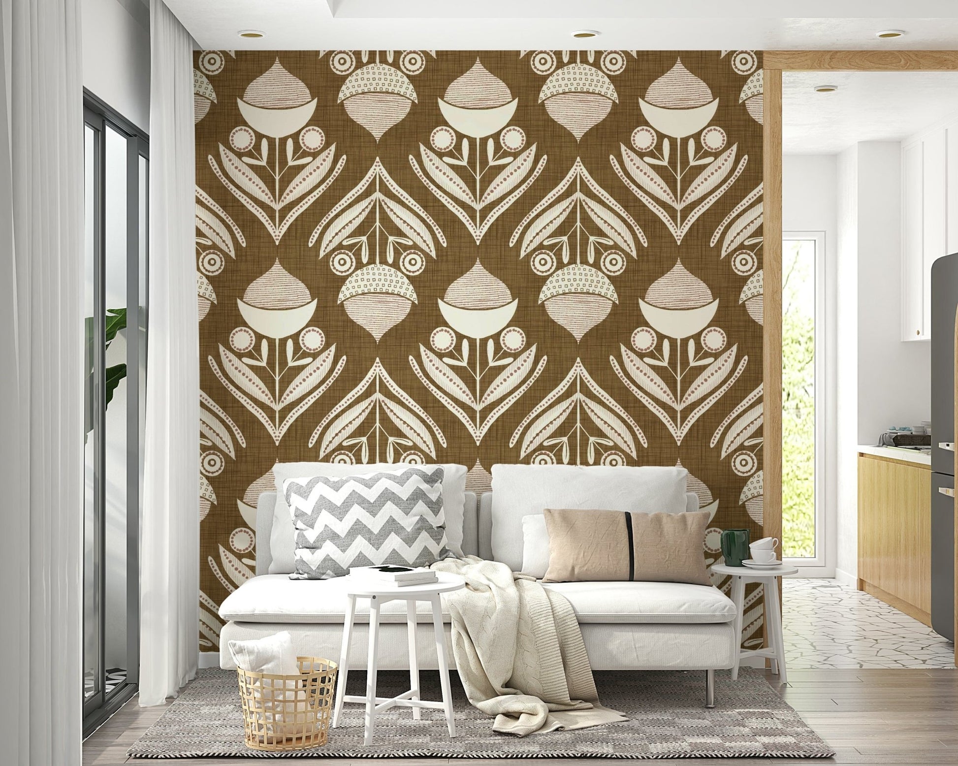 Scandi stylized leaves on the Rustic Floral Wallpaper design.
