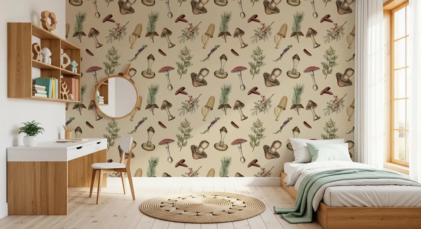 Rustic Forest Fodder wallpaper with hand-drawn natural elements