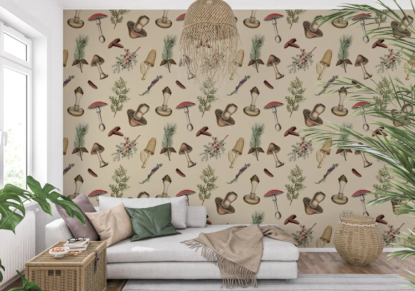 Forest Fodder wallpaper with mushrooms, leaves, and twig sketches