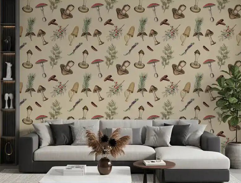 Rustic Forest wallpaper in living room with woodland forage sketches