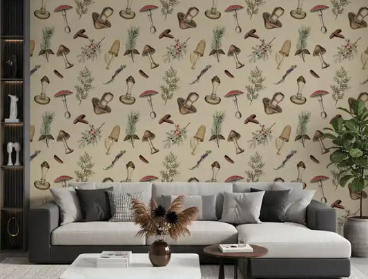 Rustic Forest wallpaper in living room with woodland forage sketches