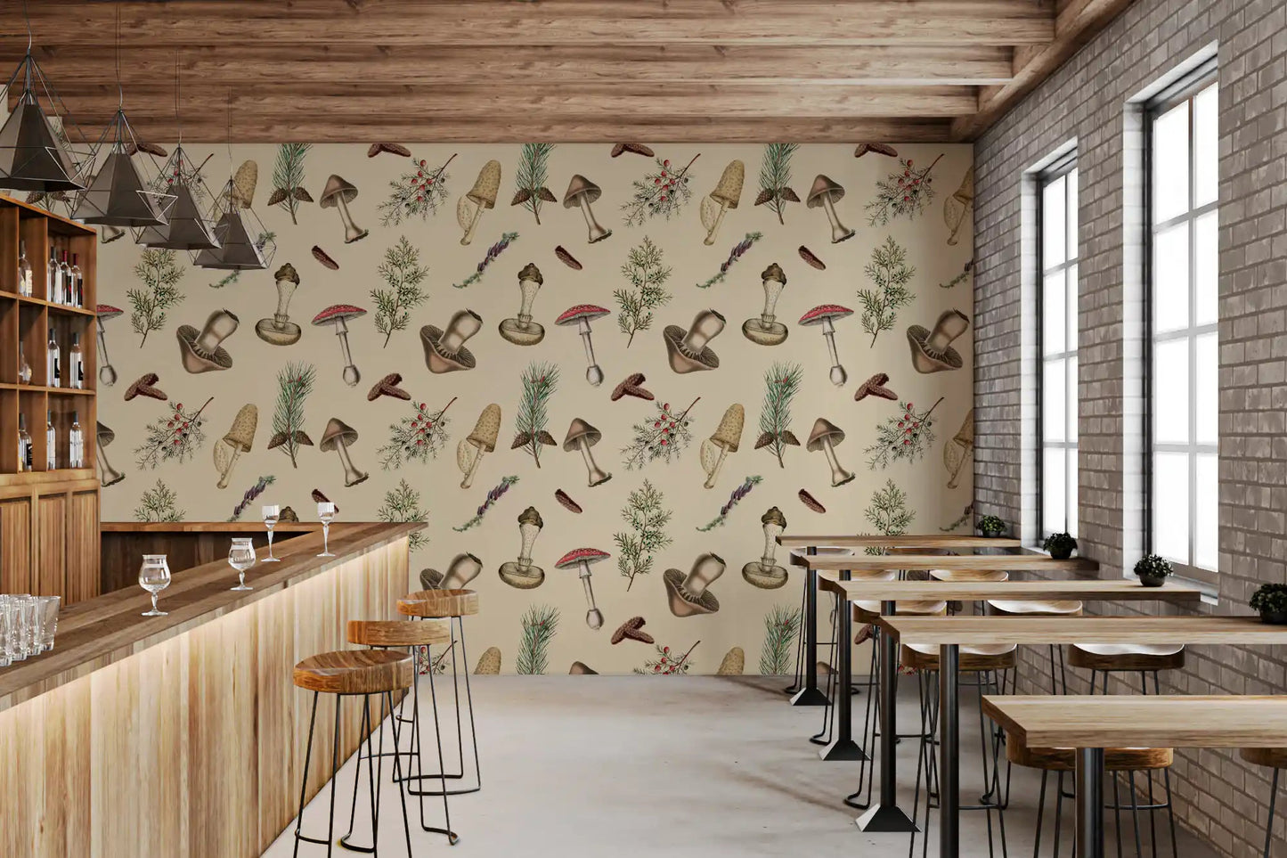 Rustic wallpaper with Forest Fodder leaves and mushroom clusters