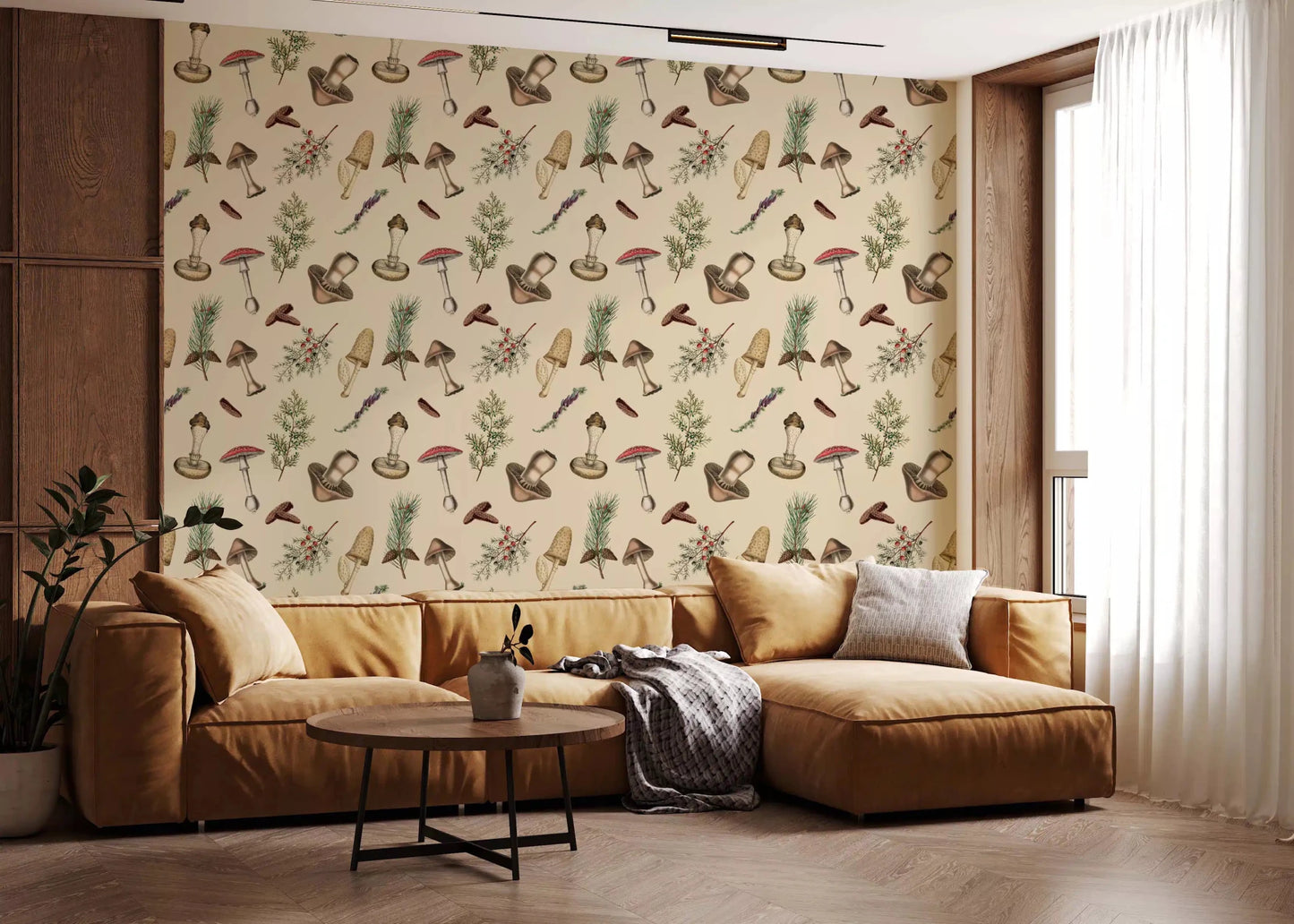Rustic Forest wallpaper in office room with foraged plant details