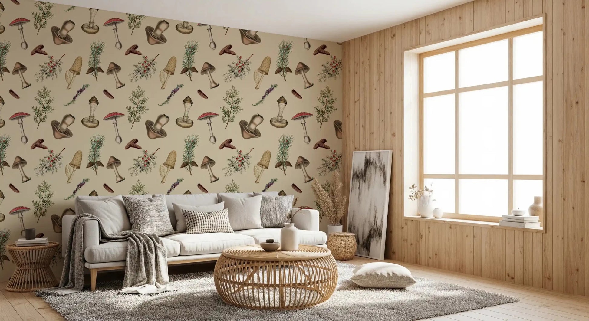 Forest wallpaper showing Rustic Fodder botanicals and seed forms