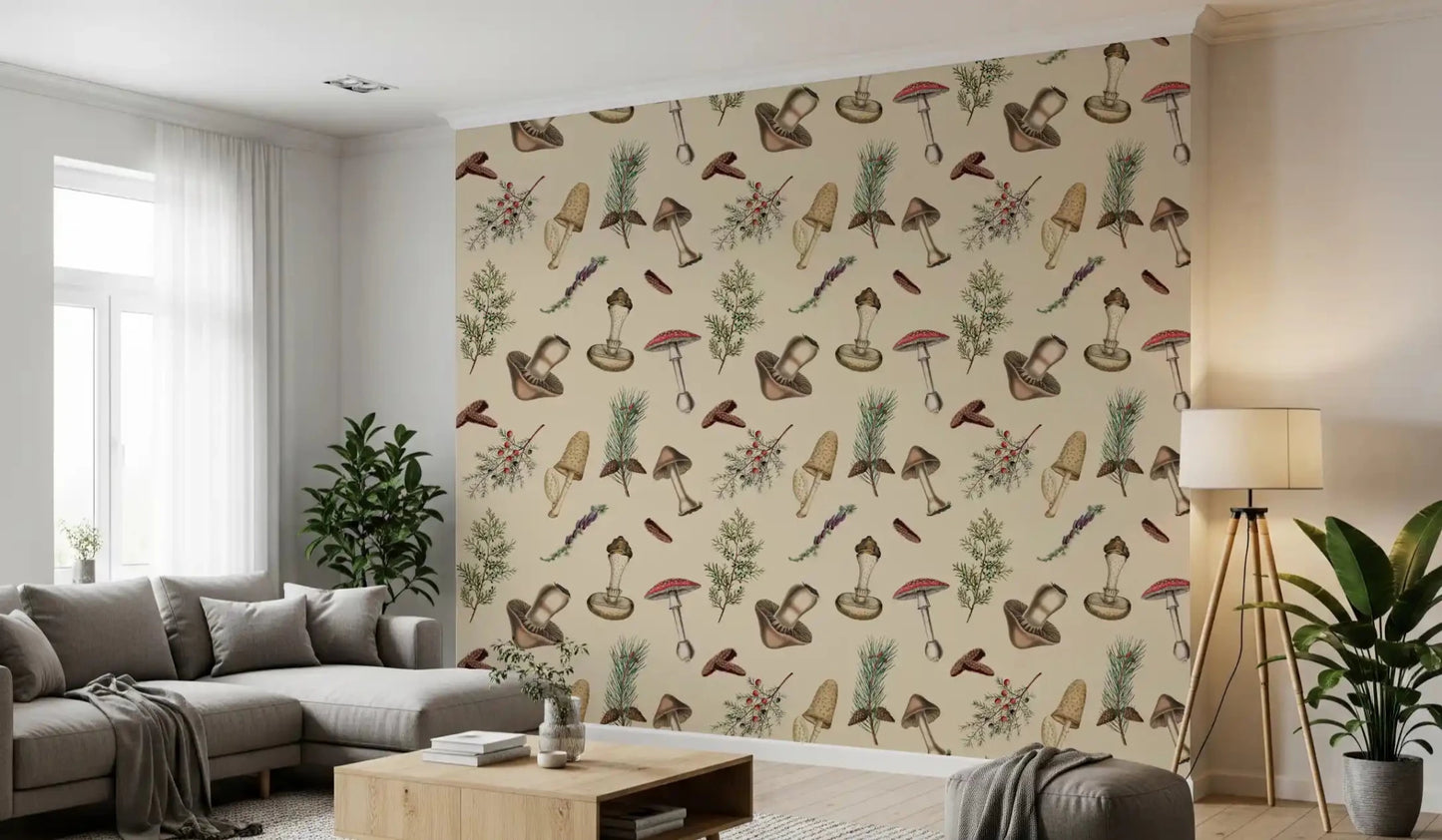 Rustic Forest Fodder wallpaper on beige with woodland patterning