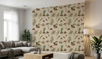 Rustic Forest Fodder wallpaper on beige with woodland patterning