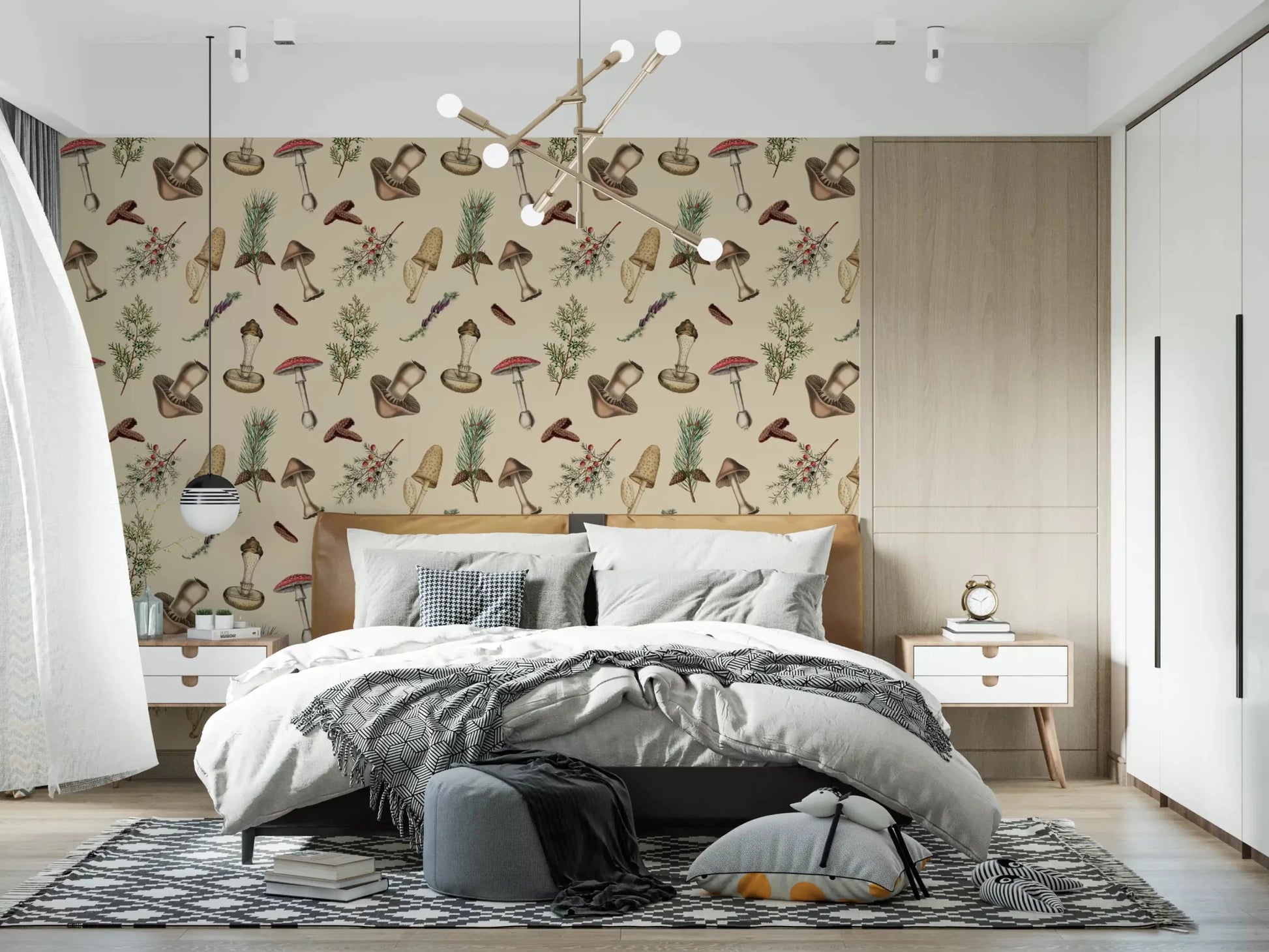 Forest Fodder wallpaper in bedroom with mushrooms and stem motifs
