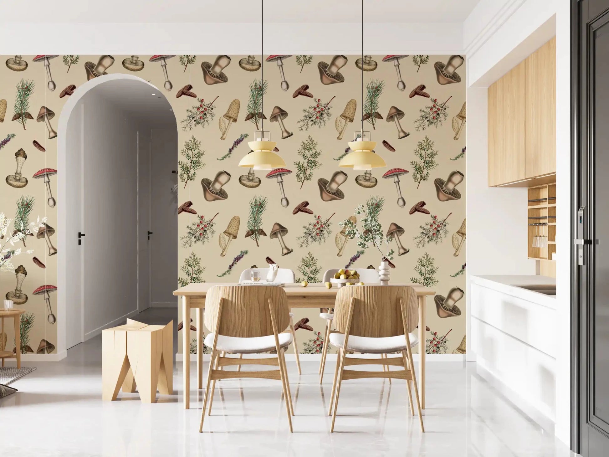 Fodder wallpaper with Rustic Forest stems and mushroom drawings