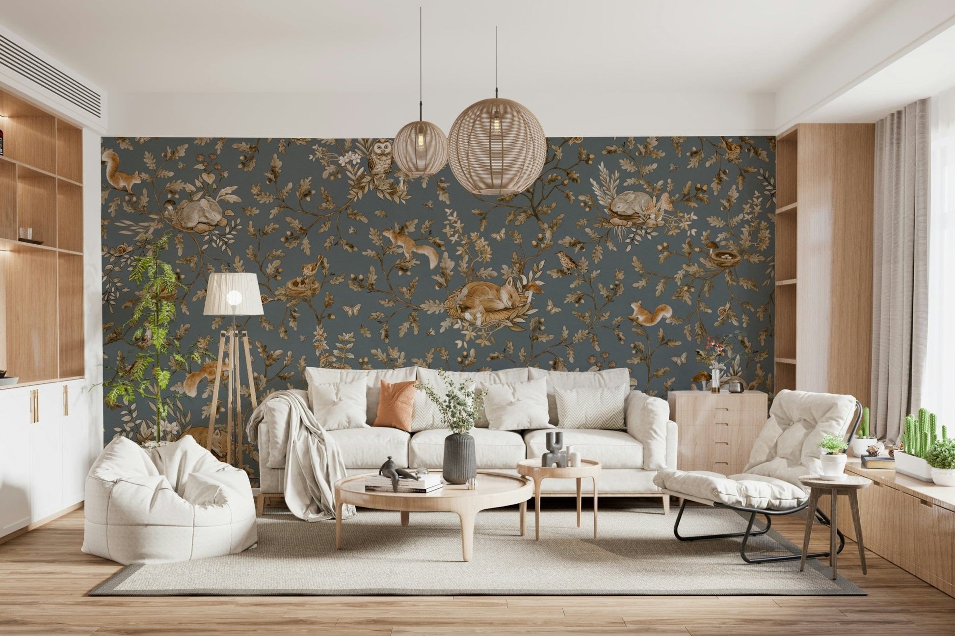 Serene tree pattern Rustic Forest Motif Wall Mural used behind a cozy bed.