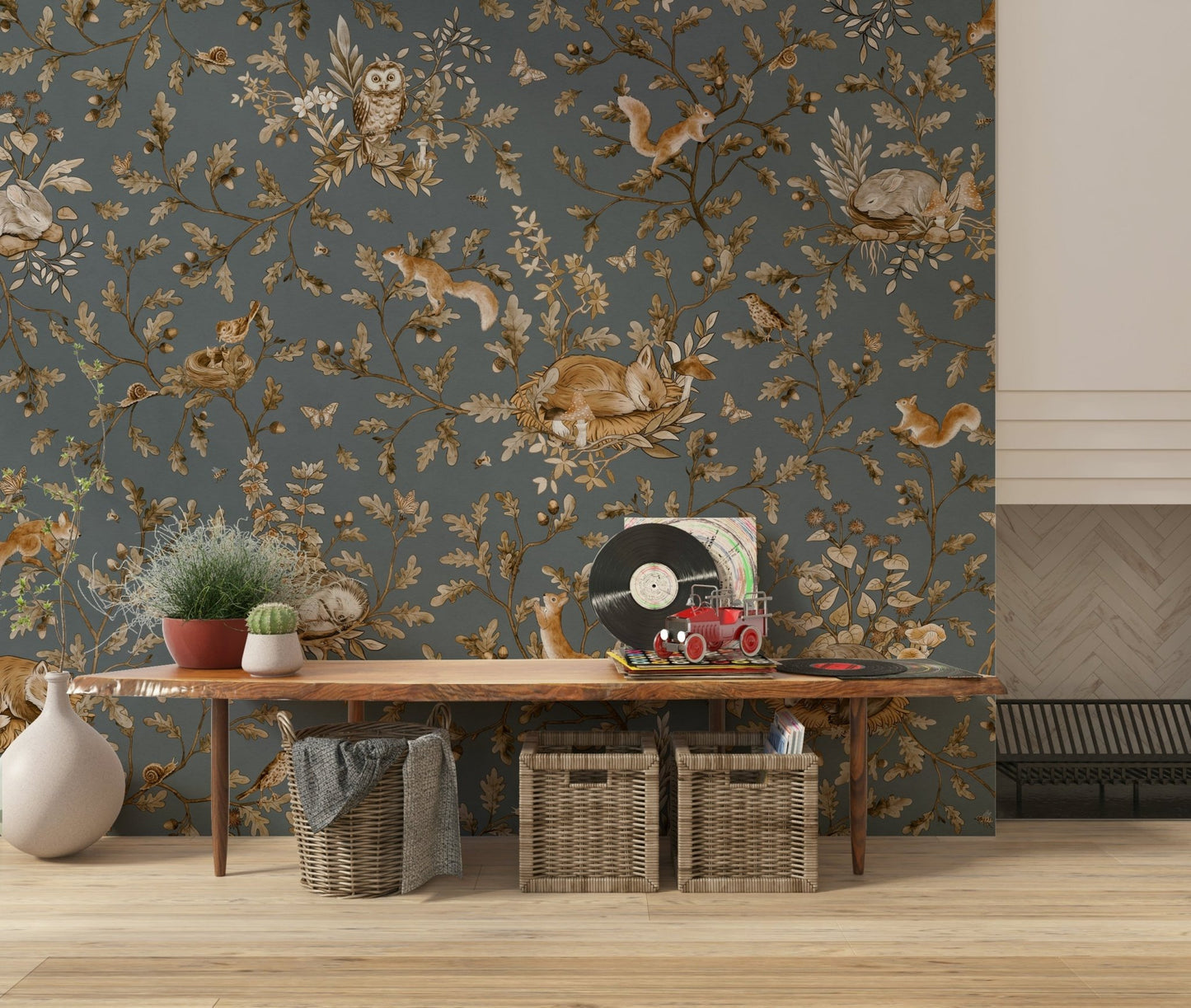 Peaceful botanical backdrop Rustic Forest Motif Wall Mural enhancing a family room.