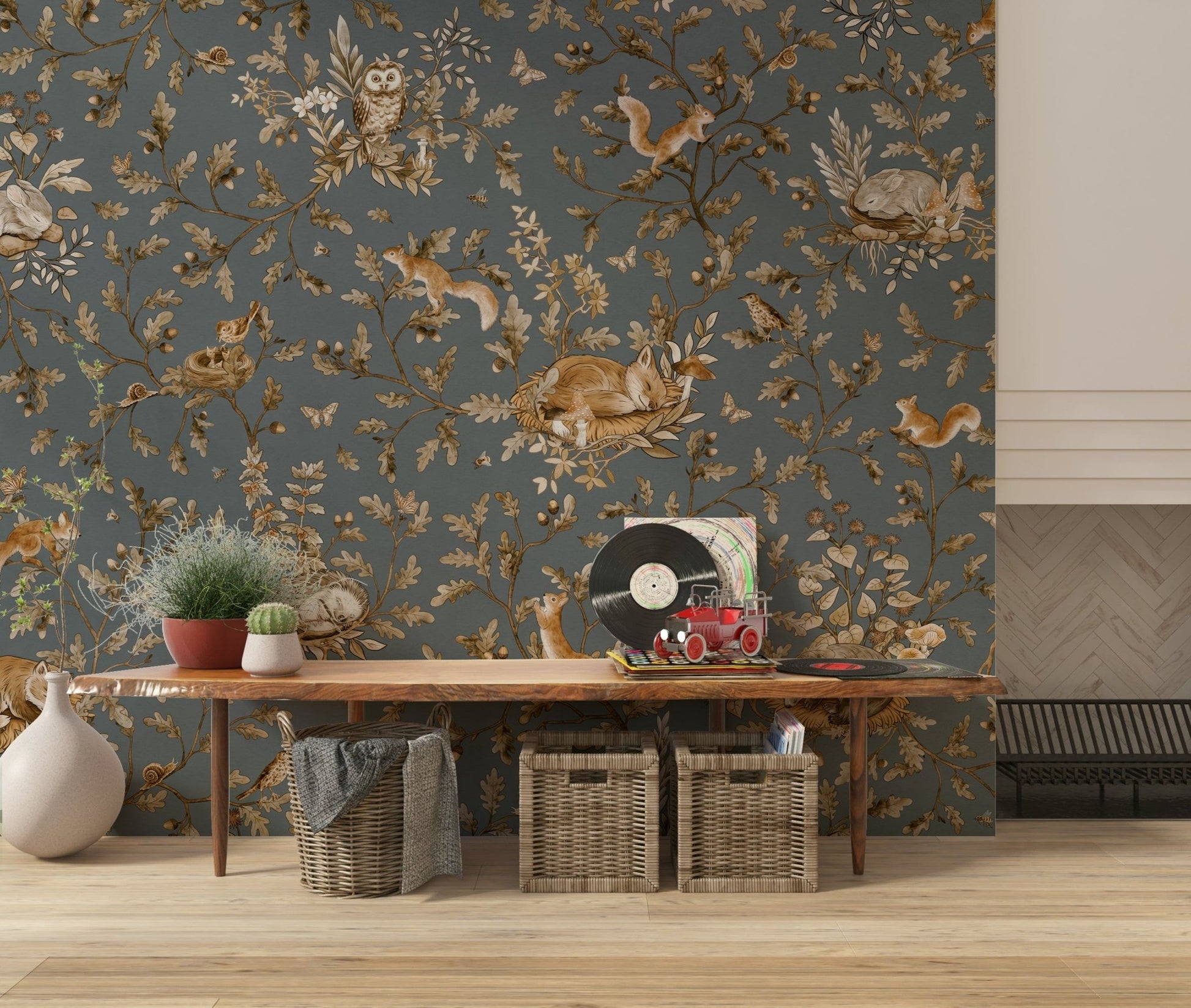 Peaceful botanical backdrop Rustic Forest Motif Wall Mural enhancing a family room.