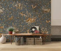 Peaceful botanical backdrop Rustic Forest Motif Wall Mural enhancing a family room.