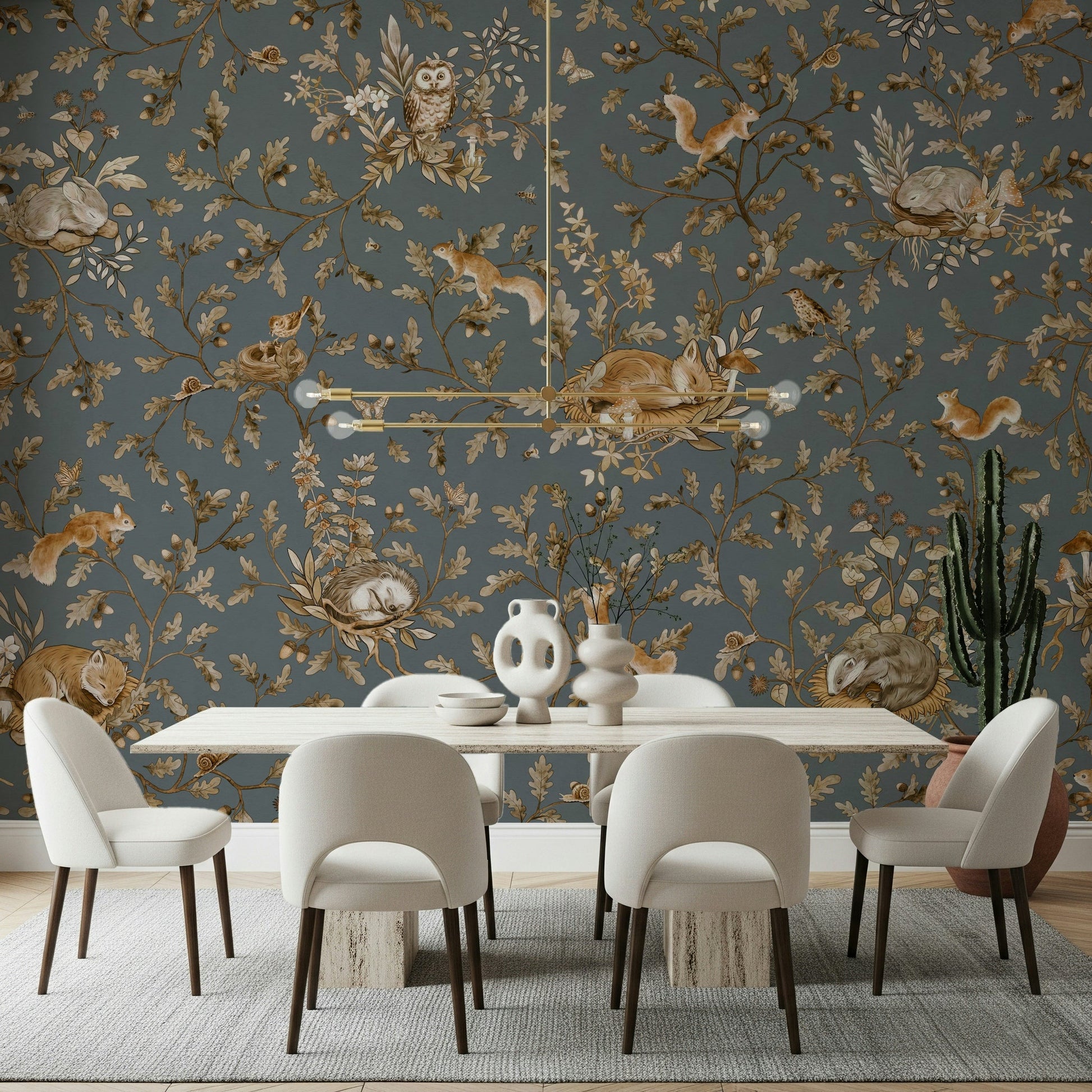 Calming earthy tones Rustic Forest Motif Wall Mural framing a seating arrangement.