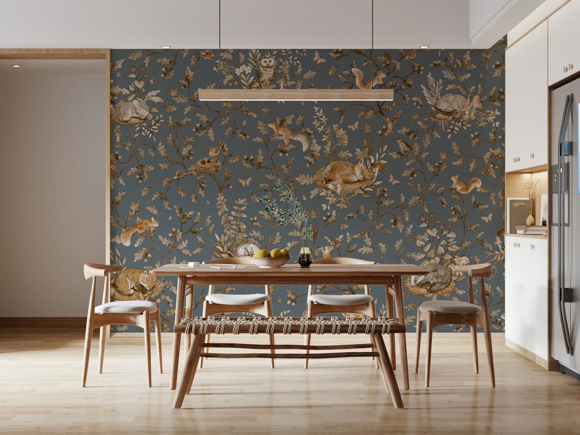 Designer forest illustration Rustic Forest Motif Wall Mural installed in a stylish area.