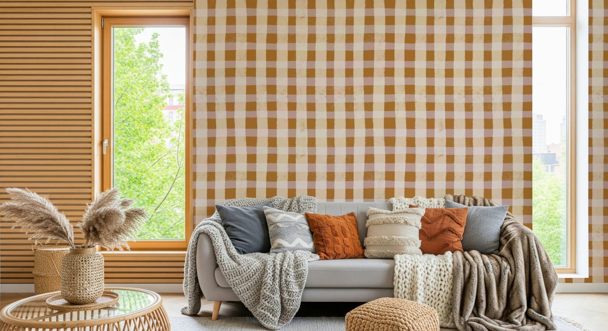 Cozy farmhouse Rustic Gingham Charm Wallpaper style motif.
