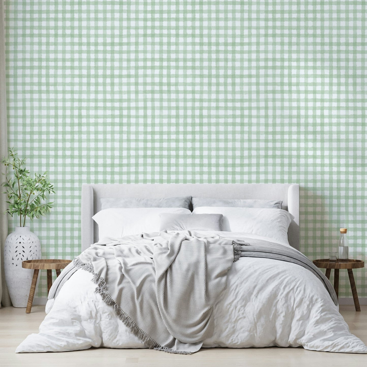 Subtle green gingham wallpaper for cozy spaces

