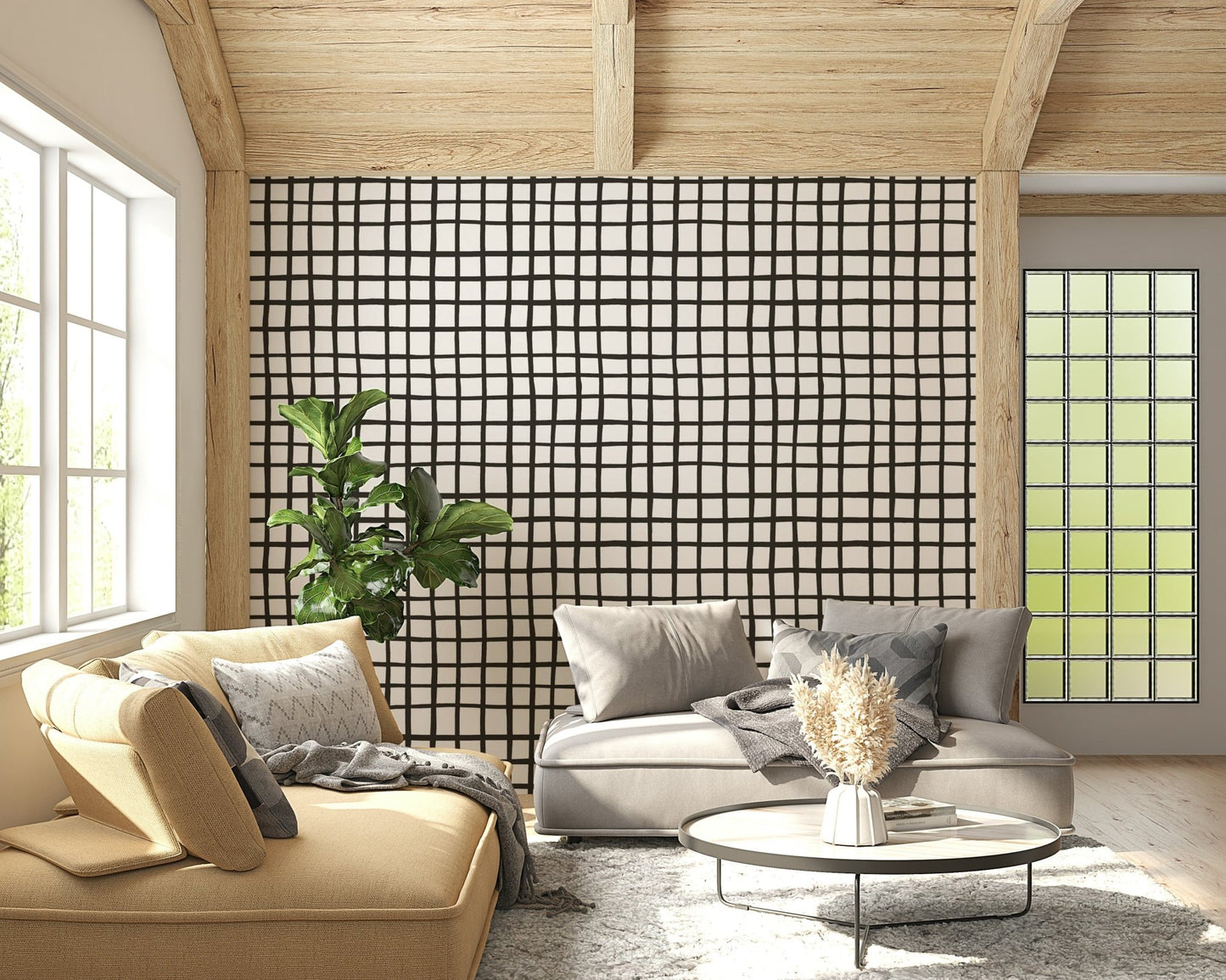 Rhythmic repeating Rustic Grid Lines Wallpaper geometric visual., GD6534