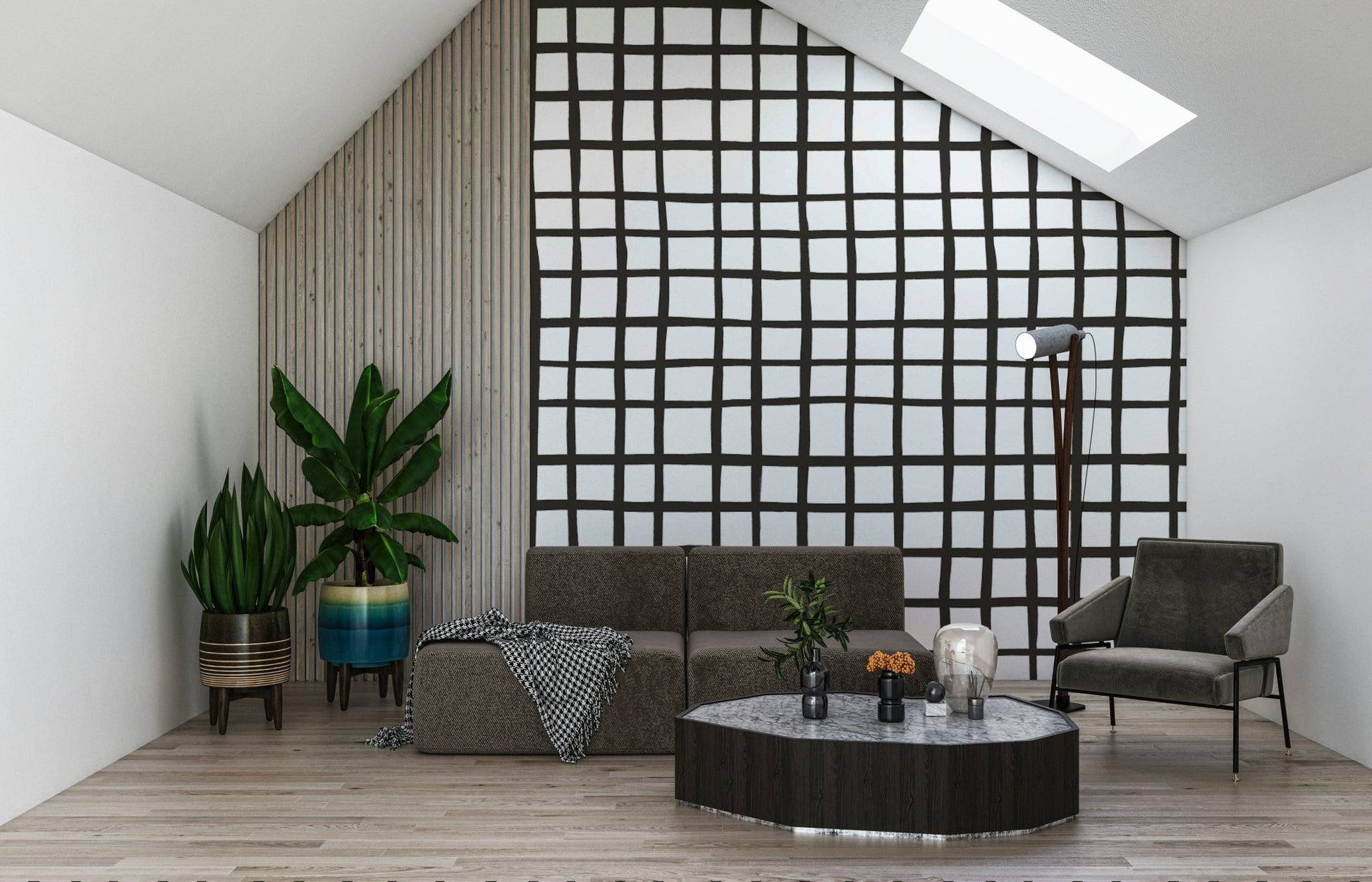 Contemporary sketch Rustic Grid Lines Wallpaper style detail., GD6534