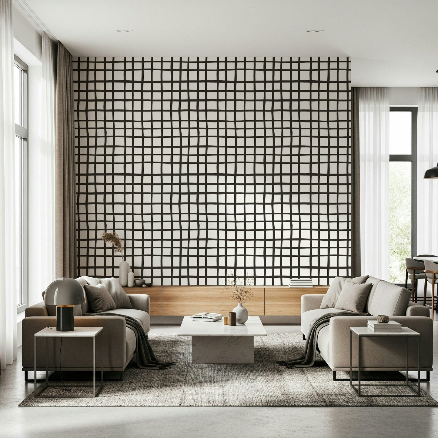 Bold black Rustic Grid Lines Wallpaper grid on white., GD6534