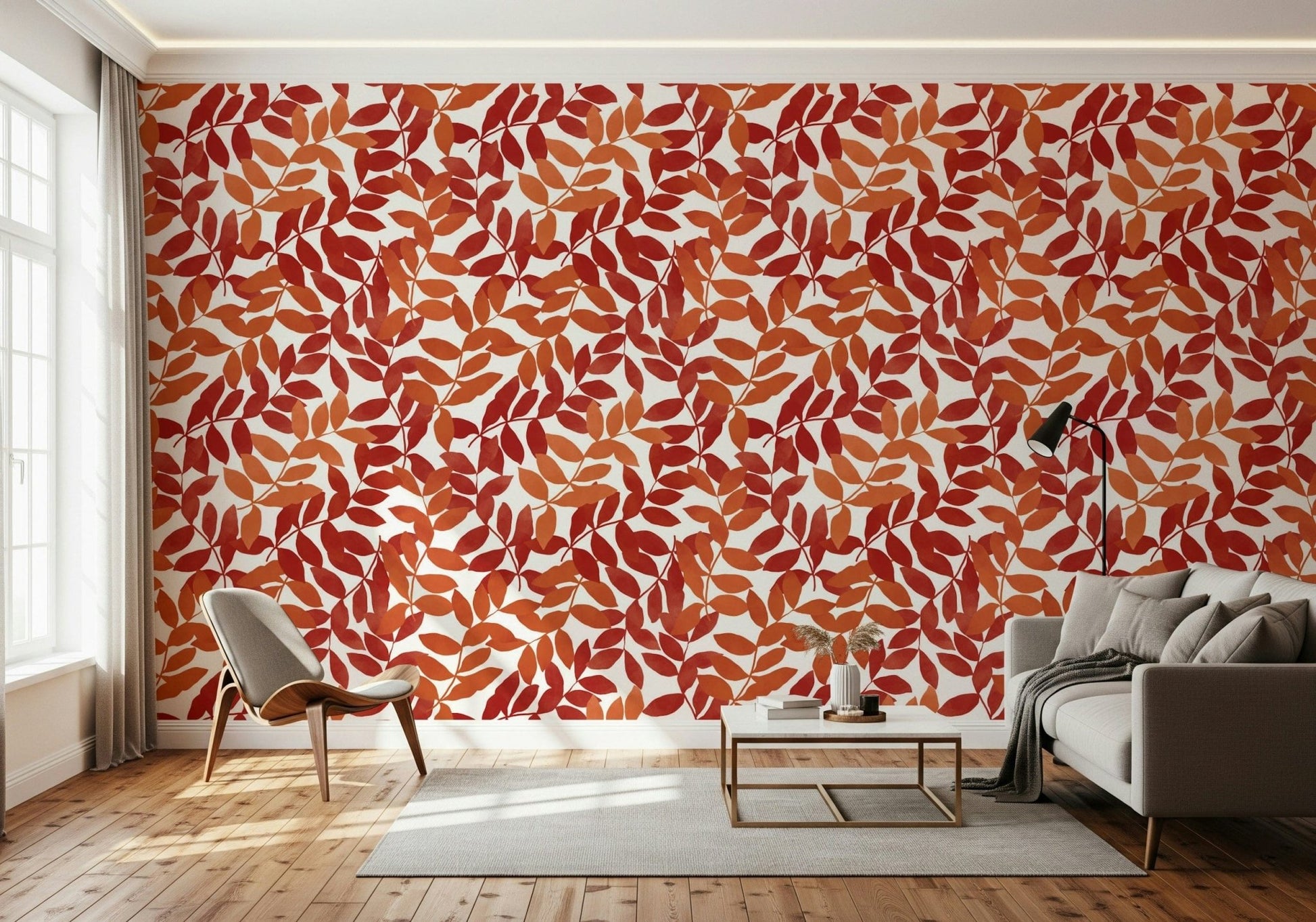 Study room wall with Rustic Leaves Wall Mural and minimalist desk setup.