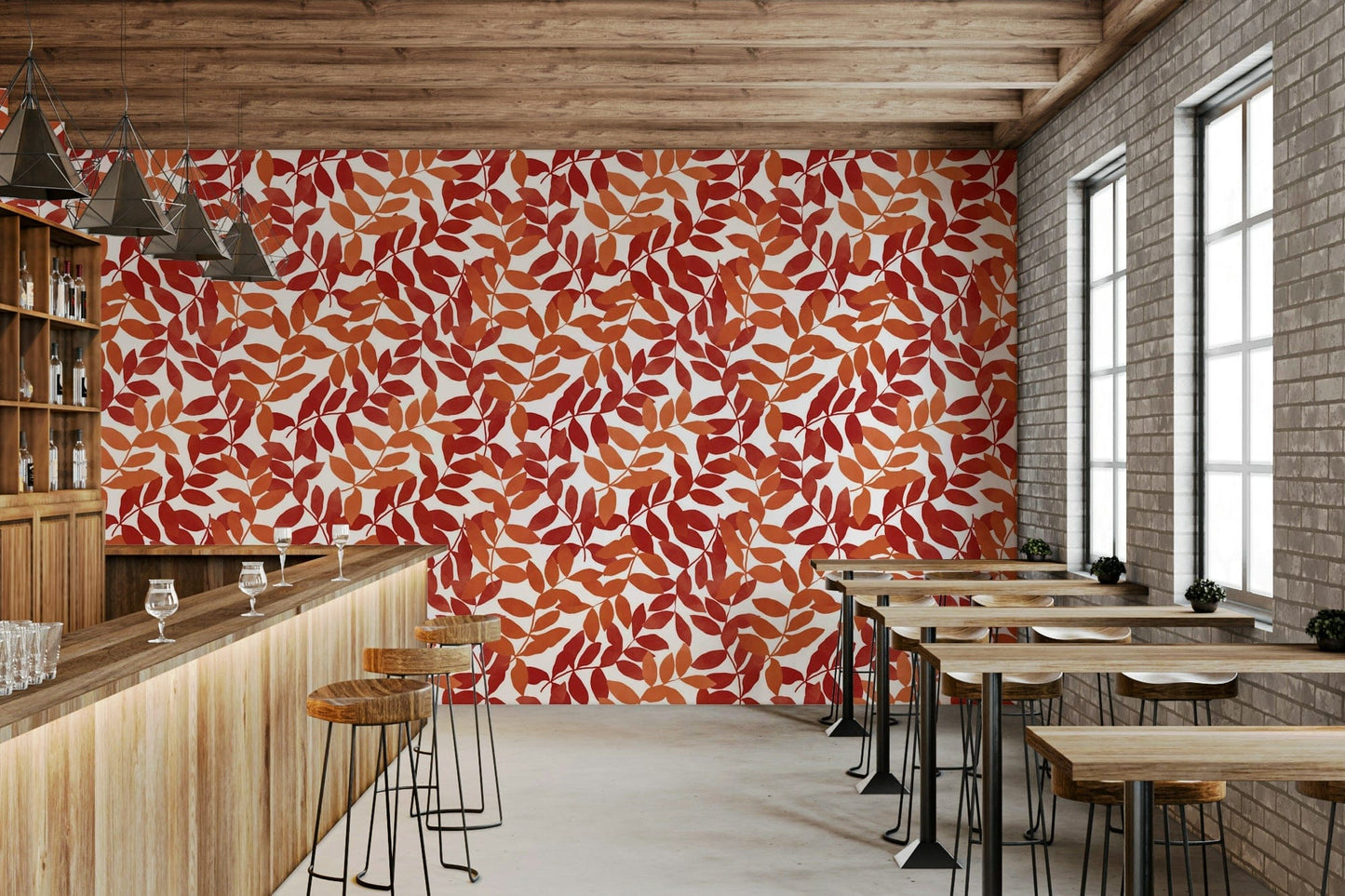 Large scale Rustic Leaves wallpaper in a bright open-plan living space.