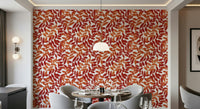 Guest suite wall mural with Rustic Leaves pattern in muted autumn colours.