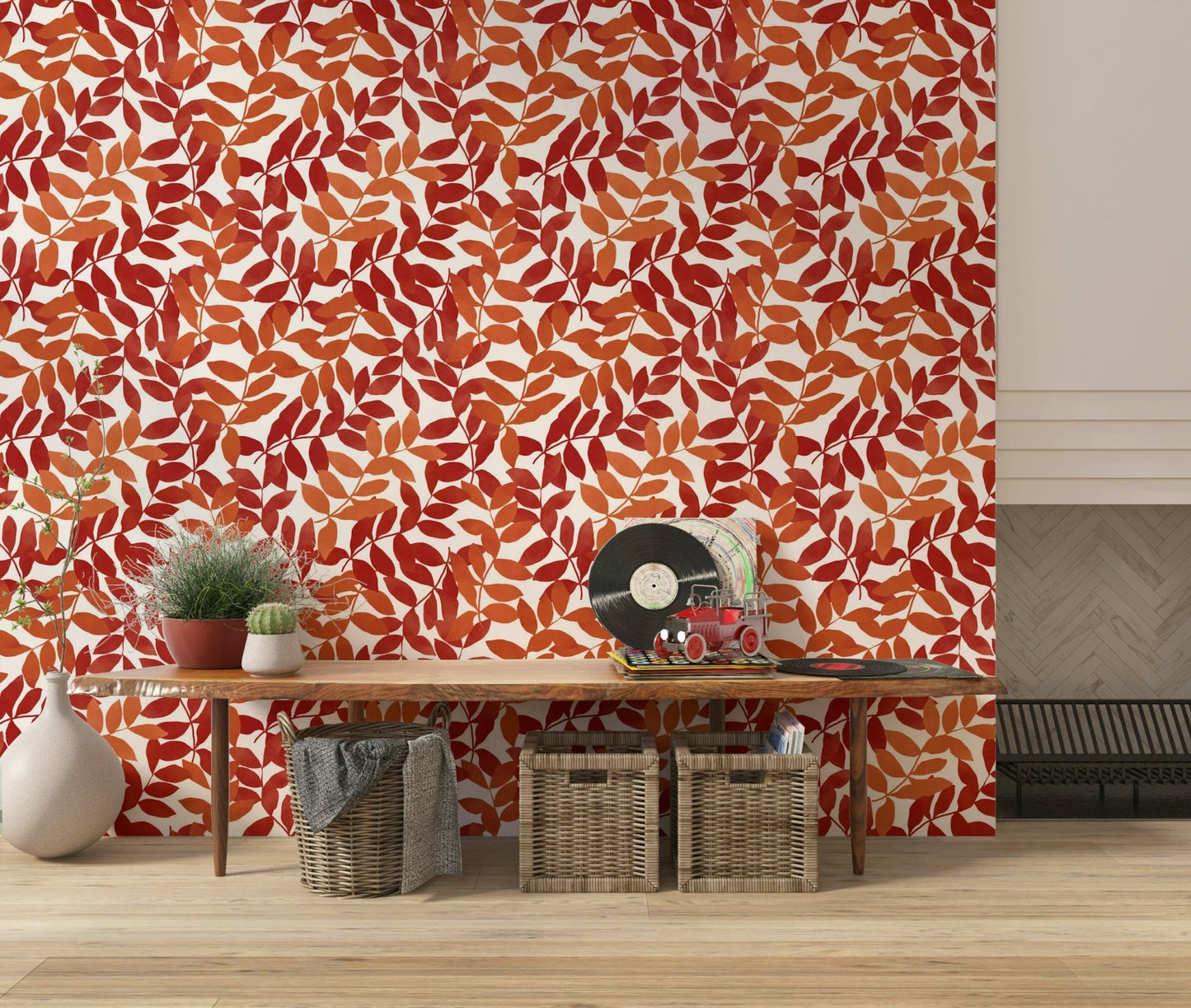 Bedroom feature wall featuring Rustic Leaves wallpaper with a botanical theme.
