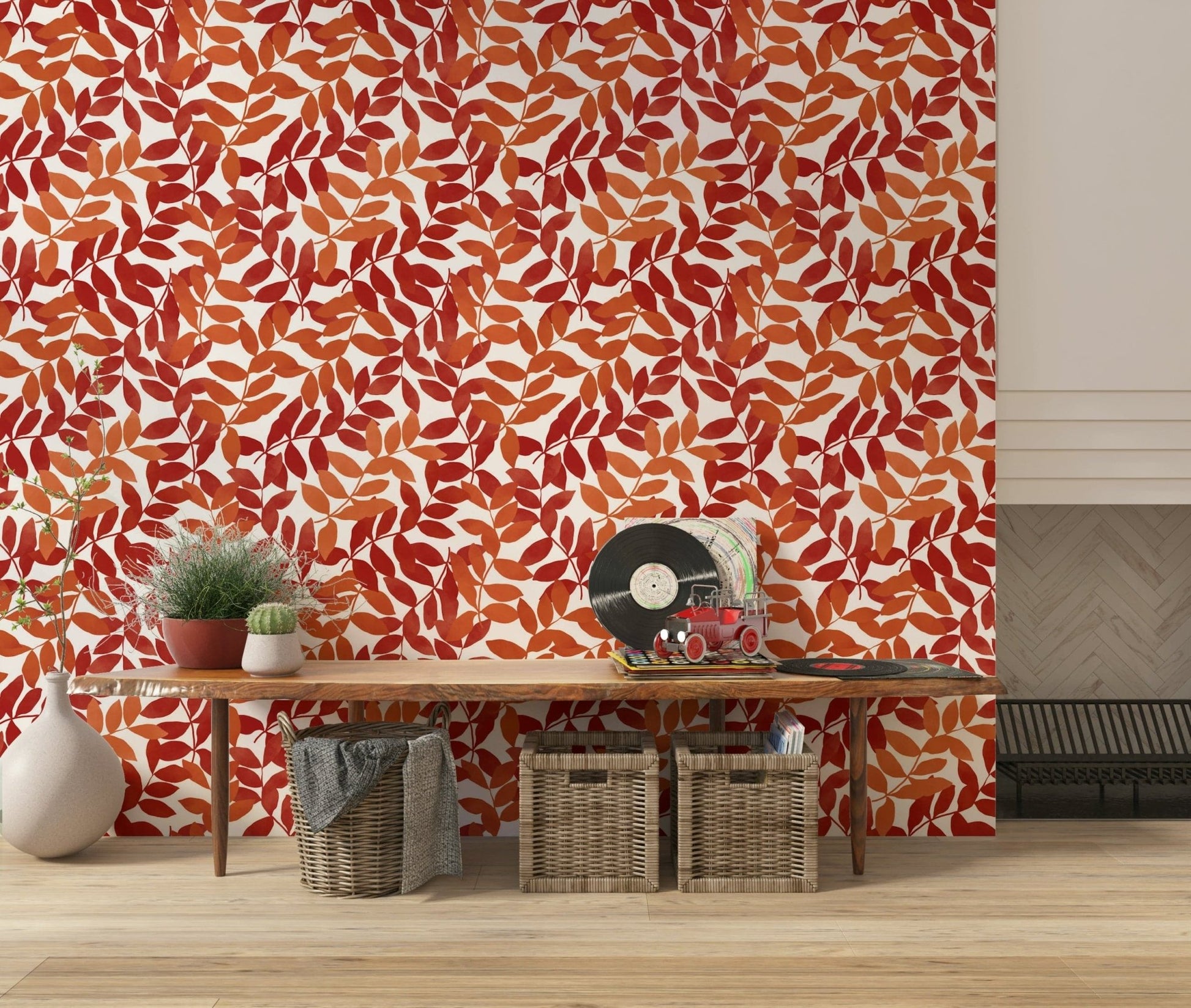 Bedroom feature wall featuring Rustic Leaves wallpaper with a botanical theme.