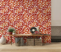 Bedroom feature wall featuring Rustic Leaves wallpaper with a botanical theme.
