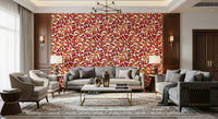 Rustic Leaves Wall Mural behind a leather sofa in a mid-century room.