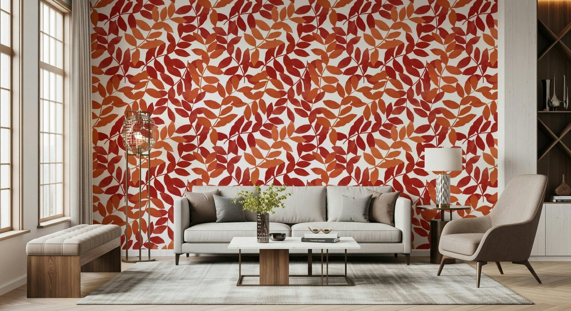 Living room with Rustic Leaves wallpaper in warm earthy tones., GD7858
