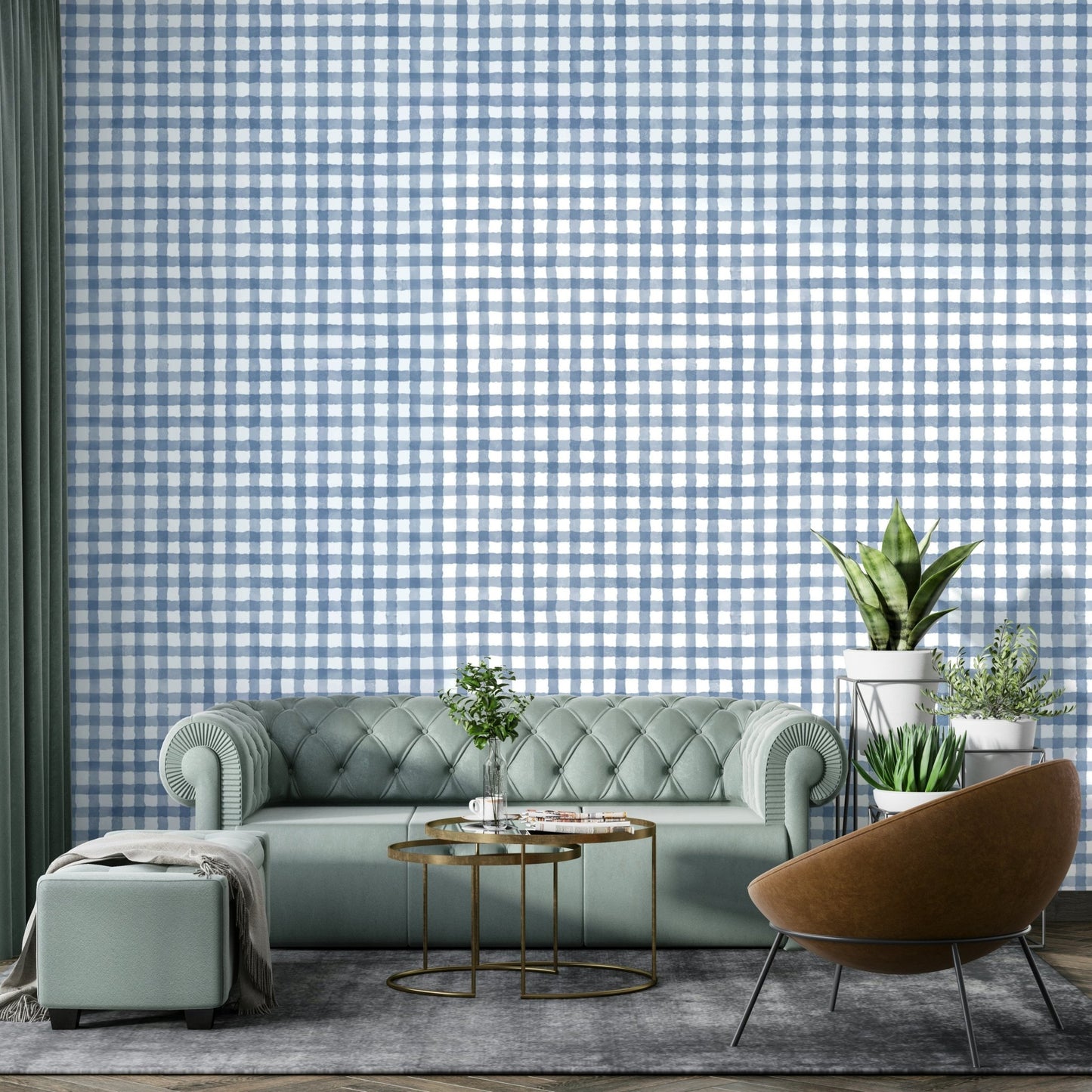 Timeless gingham mural for living areas
