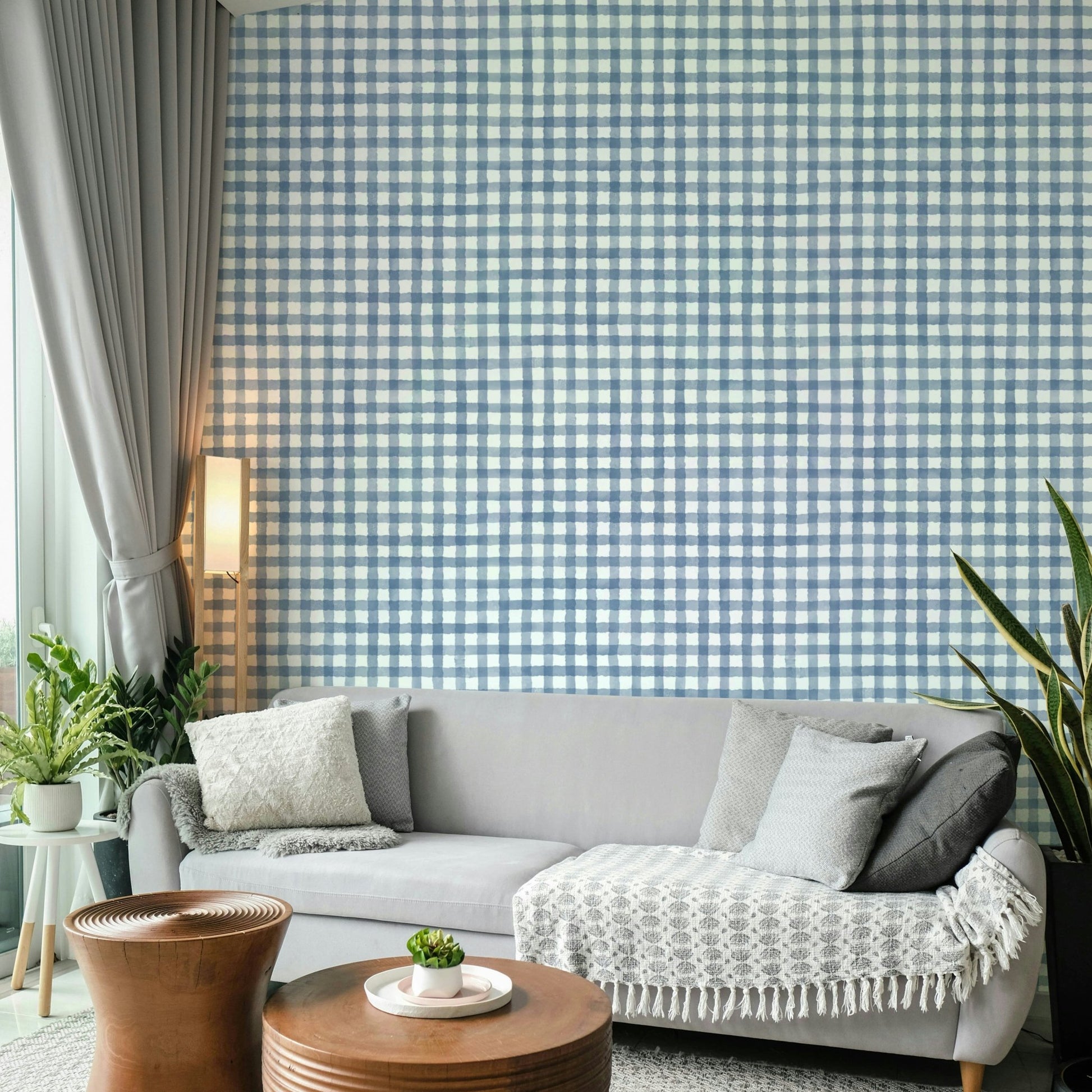 Navy and beige gingham wallpaper for dining rooms
