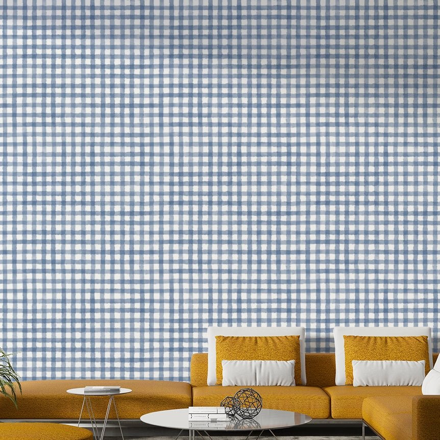 Hand-painted navy and beige check mural
