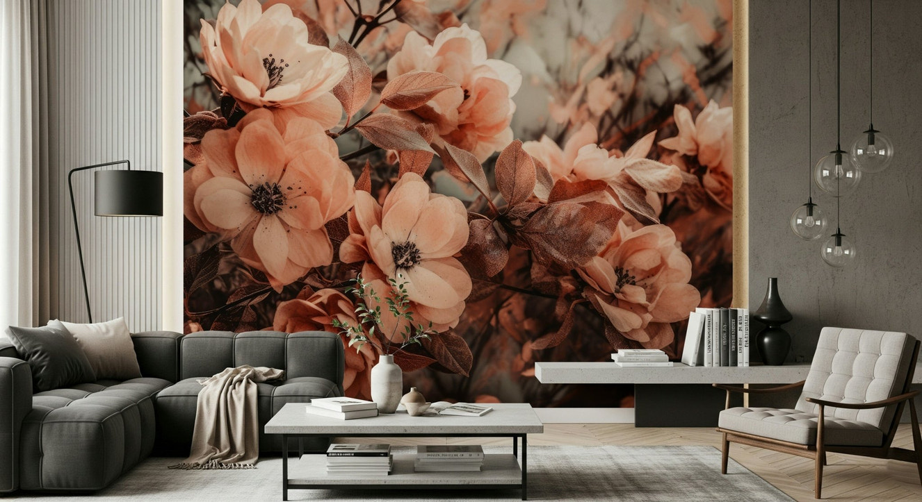 A beautiful rustic floral wallpaper mural with subtle petals.


