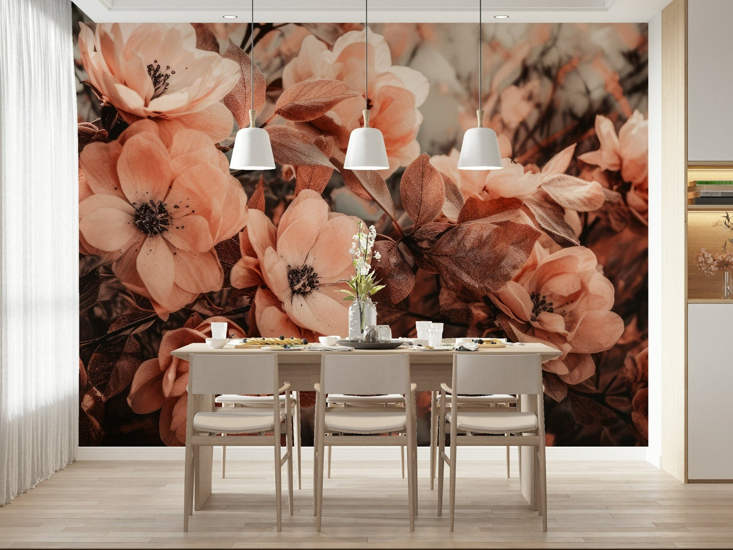 An artistic delicate bloom mural on minimalist wallpaper.


