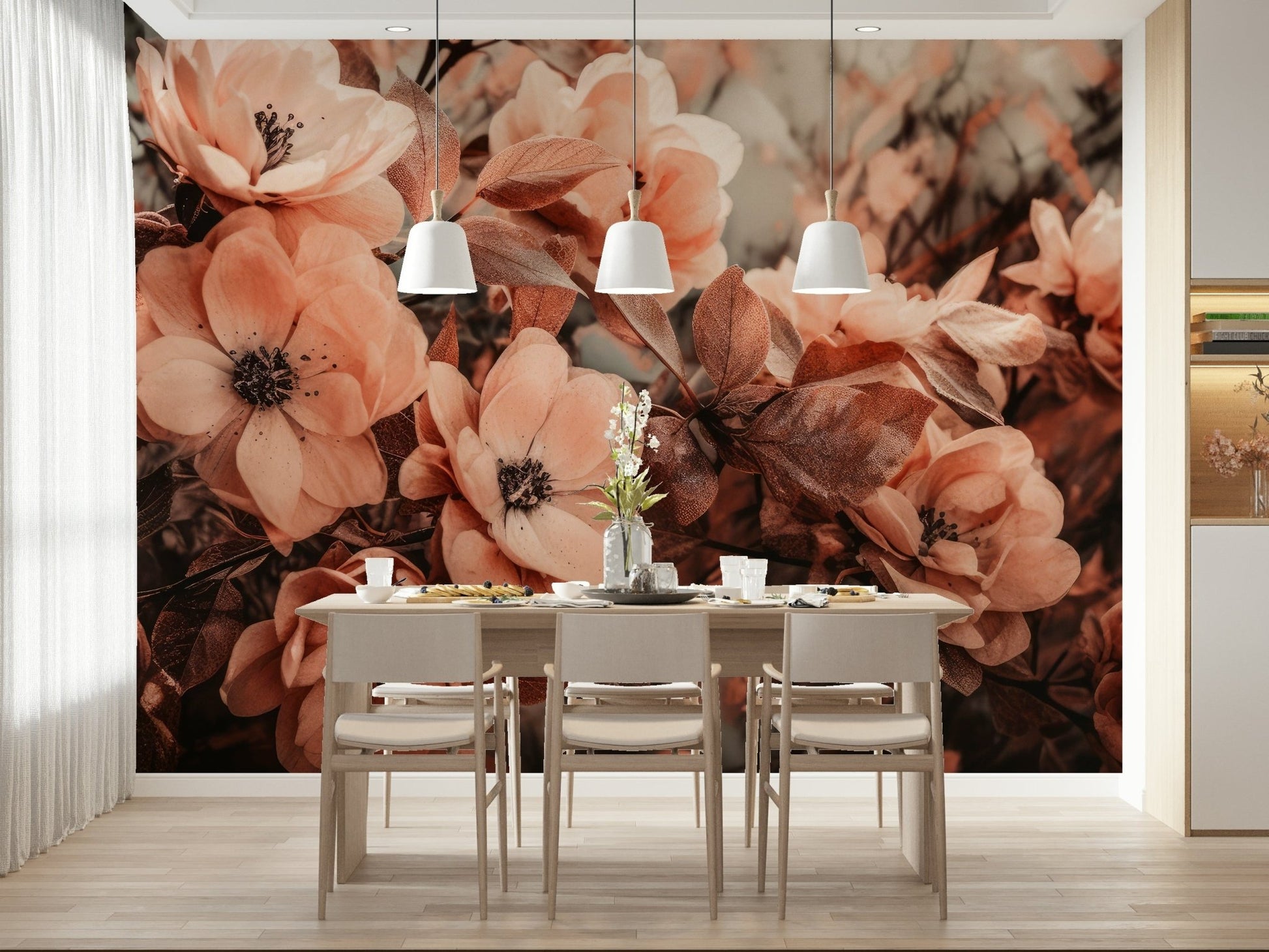 An artistic delicate bloom mural on minimalist wallpaper.

