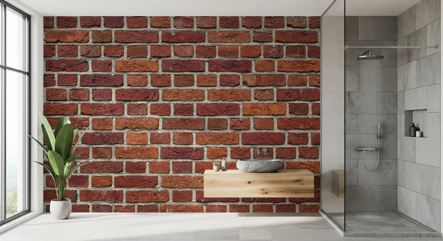 Bathroom styled with Rustic Red Brick Texture Wall Mural and worn mortar lines