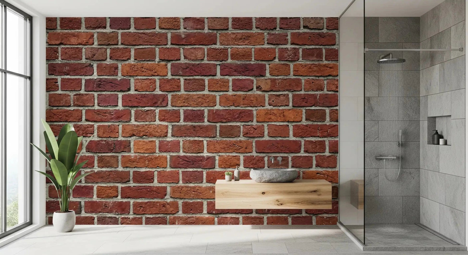 Bathroom styled with Rustic Red Brick Texture Wall Mural and worn mortar lines