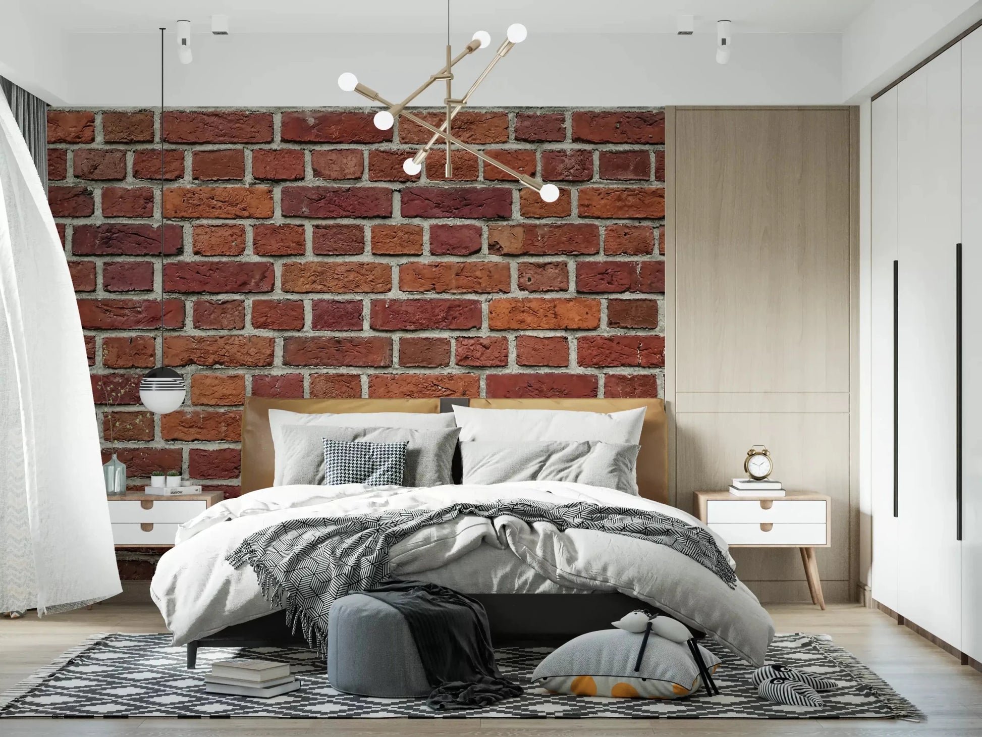Bedroom with Rustic Red Brick Texture Wall Mural in aged brick detail
