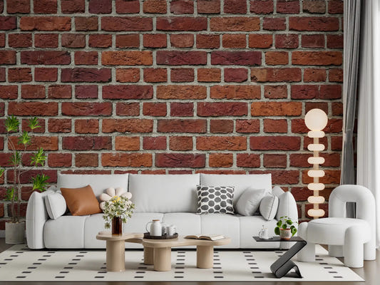 Living room with Rustic Red Brick Wall Mural and aged masonry detail