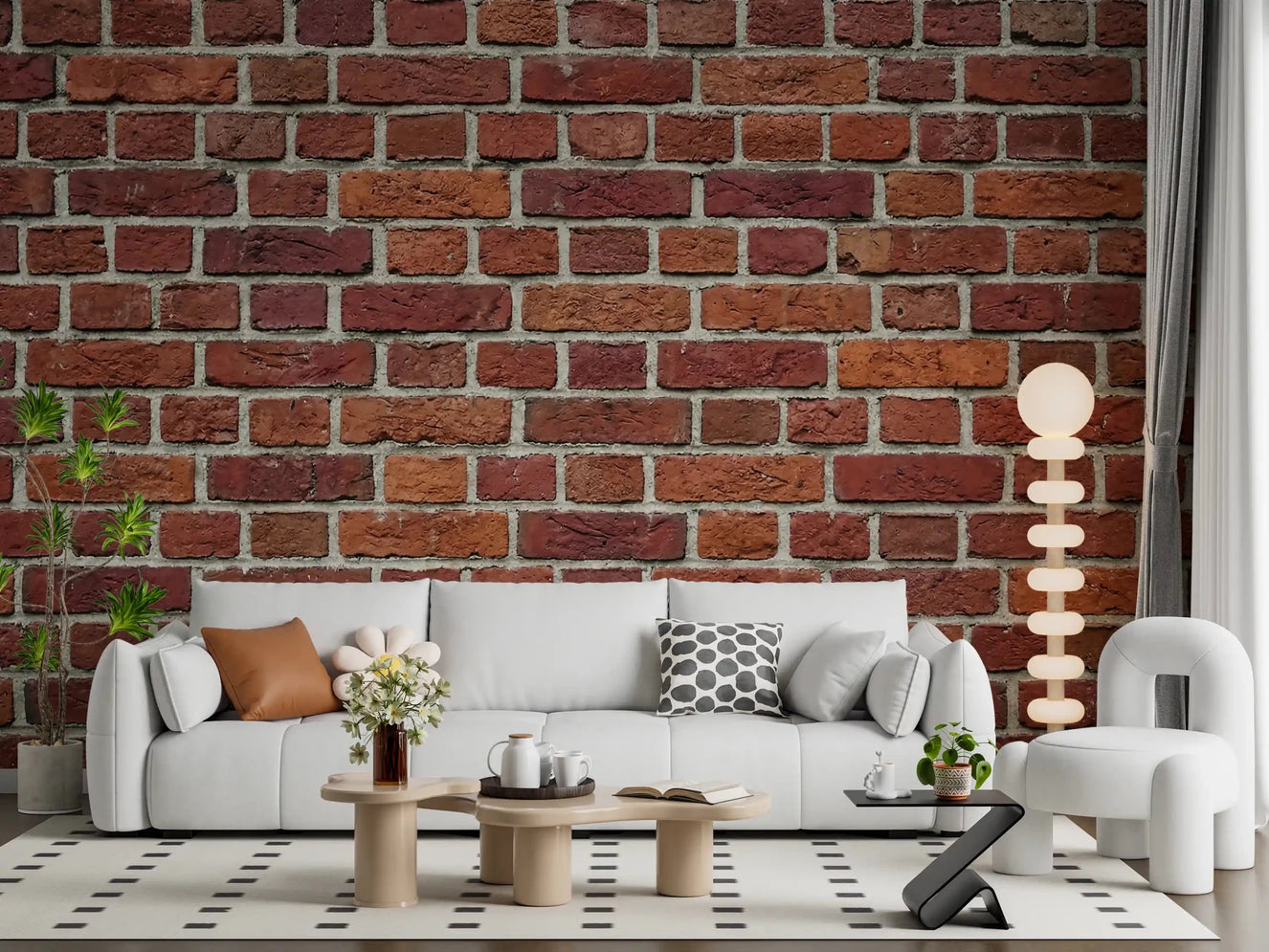 Living room with Rustic Red Brick Wall Mural and aged masonry detail