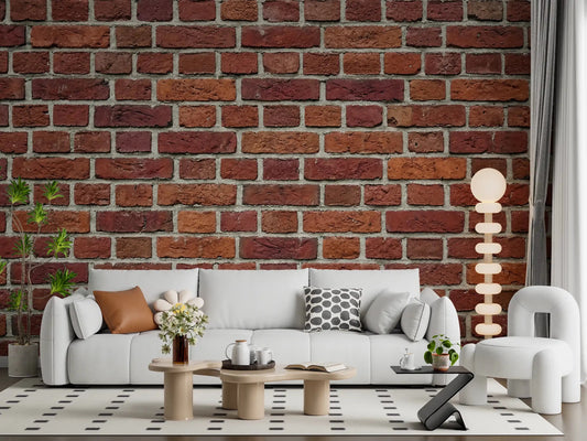 Living room with Rustic Red Brick Wall Mural and aged masonry detail