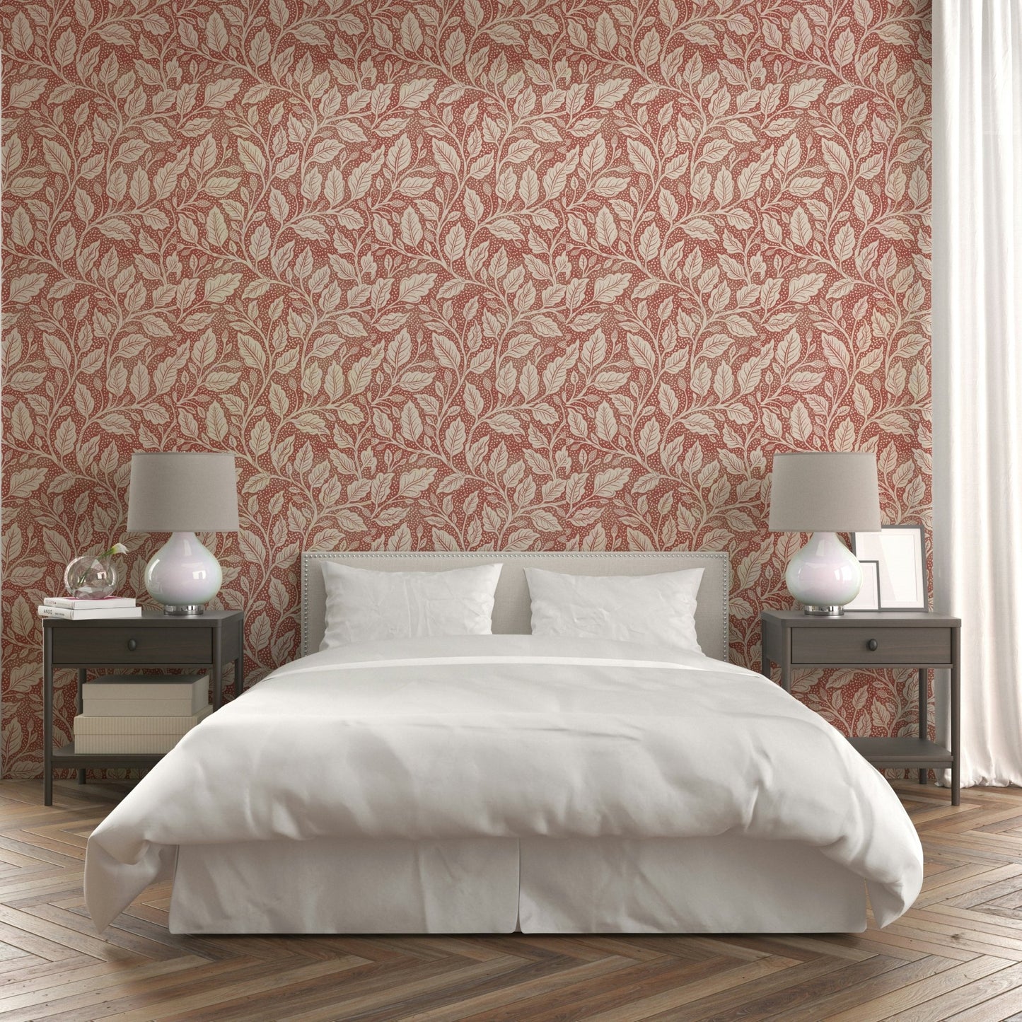 Red wallpaper with botanical leaf pattern

